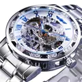Montre mécanique Winner pour homme avec cadran squelette et chiffres romains bleus - Boîtier Argenté Cadran Blanc