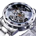 Montre mécanique manuelle squelette pour homme avec cristaux étincelants et bracelet argent - Boîtier Argenté Cadran Noir