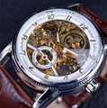 Luxury men's skeleton automatic mechanical watch with brown crocodile pattern leather strap - Silver Case White Dial