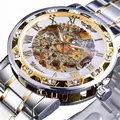 Montre mécanique squelette Winner pour homme avec lunette strass et bracelet bicolore - Boîtier Or Cadran Blanc