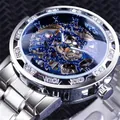 Montre mécanique squelette Winner pour homme avec lunette en strass et acier - Boîtier Argenté Cadran Bleu