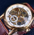 Forsining men's automatic mechanical watch with gold skeleton dial and brown strap - Gold Case White Dial
