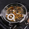 Forsining men's skeleton automatic mechanical watch with gold-tone movement detail - Black Case Black Dial