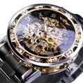 Montre mécanique manuelle squelette dorée pour homme avec lunette strass - Bracelet Noir Boîtier Doré Cadran Noir