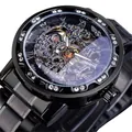 Montre mécanique squelette Winner pour homme avec strass, finition noire élégante - Bracelet Noir Boîtier Noir Cadran Noir