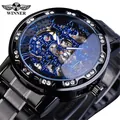 Montre mécanique manuelle Winner pour hommes avec chiffres romains bleus et strass - Bracelet Noir Boîtier Noir Cadran Bleu