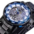 Montre mécanique squelette Winner pour homme avec lunette en strass bleus et bracelet noir - Bracelet Noir Cadran Blanc Mots Bleus