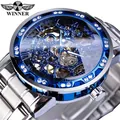 Montre mécanique squelette Winner pour hommes avec lunette strass bleu et bracelet argent - Bracelet Argent Bague Bleue Cadran Bleu