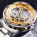 Montre mécanique squelette Winner pour hommes avec strass et bracelet bicolore - Boîtier Argent Cadran Or