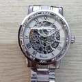 Montre mécanique squelette Winner pour homme avec lunette en strass et bracelet métal - Boîtier Argent Cadran Blanc Échelle Argent Bracelet Argent