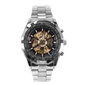 Reloj mecánico automático tipo esqueleto Winner para hombre con correa de acero plateada - Dorado