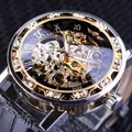Montre mécanique squelette pour homme avec lunette en strass et bracelet en cuir noir - Cadran Noir Lunette Dorée