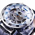 Montre mécanique squelette pour homme avec chiffres romains bleus et cuir noir - Cadran Blanc Lunette Argentée