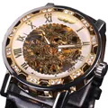Montre mécanique squelette T-Winner pour homme avec lunette en strass dorés - Cadran Blanc Lunette Dorée