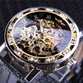 Montre mécanique squelette T-winner pour homme avec strass et bracelet noir - Cadran Noir Lunette Dorée