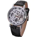 T-Winner skeleton mechanical watch with black leather strap for men and women - Men Silver Dial Black Strap