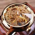 Elegant luxury gold skeleton mechanical watch with premium brown leather strap style - Men Gold Dial Brown Strap