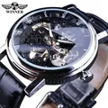 T-Winner automatic skeleton mechanical watch with black leather strap for men and women - Men Black Dial Silver Case Black Strap
