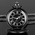Vintage-Taschenuhr aus poliertem schwarzen Wolframstahl mit römischen Ziffern und Kette - Glatte Römische Schwarze Zifferblatt Taillenkette (P200) / L / Schwarz
