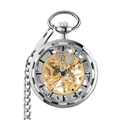 Vue détaillée d'une montre à gousset argentée squelette avec mouvement mécanique doré. - Argent