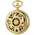 Close-up of golden flip-top compass pocket watch with intricate hollow engraving - Gold