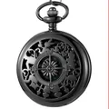 Close-up of black metallic compass pocket watch with hollow-out flip cover design - Gunmetal