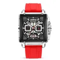 MEGIR men's fashion square chronograph watch with red silicone strap and luminous dial - Silver Case/Black Ring/Red Strap