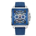 Megir men's square quartz chronograph watch with blue dial and blue silicone strap - Silver Case/Blue Ring/Blue Strap