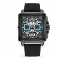 Megir men's square sport quartz watch with black silicone strap and blue sub-dials. - Black Case/Black Ring/Black Strap