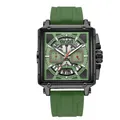 MEGIR men's square sports quartz chronograph watch with green silicone strap - Black Case/Black Ring/Green Strap