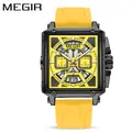 Reloj cronógrafo cuadrado MEGIR para hombre con correa de silicona amarilla y esfera deportiva - Caja Negra/Aro Negro/Correa Amarilla