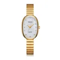Detailed view of women's gold steel watch with oval pearl dial and rhinestones - Gold (QT712 Gold White)