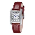 Montre à quartz WWOOR pour femmes avec bracelet en cuir rouge et boîtier rectangulaire - Boîtier Argent Bracelet Rouge