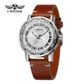 Reloj mecánico para hombre con esfera esqueleto mapa del mundo y correa de cuero - Caja Plateada Esfera Blanca