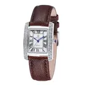 Montre à quartz WWOOR élégante pour femme avec boîtier carré serti et bracelet en cuir brun - Boîtier Argent Bracelet Marron