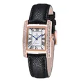Montre à quartz carrée WWOOR pour femme avec bracelet en cuir noir et lunette en cristal - Boîtier Or Rose Bracelet Noir