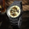 Close-up detail of T-WINNER skeleton automatic mechanical watch with gold gears - Black Steel Band Black Skeleton Dial (333)