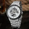 Detailed close-up of the intricate skeleton movement and silver watch dial gears - Silver Steel Case Silver Steel Band Silver White Skeleton (888)