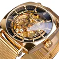 Montre squelette automatique Forsining pour hommes avec bracelet en maille dorée - Style Boîtier Or Cadran Or Squelette (W1076-2)
