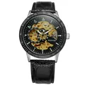 Close-up of T-WINNER black skeleton automatic mechanical watch with leather strap - Silver Case Black Leather Gold Skeleton Dial (222)