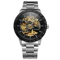 Close-up of a T-WINNER silver skeleton automatic mechanical watch with stainless steel band - Silver Steel Band Black Skeleton Dial (113)
