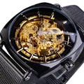 Montre automatique squelette Forsining pour hommes avec bracelet à mailles noires - Style Boîtier Noir Mouvement Or Squelette (W1076-4)