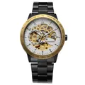 Macro detail of T-WINNER skeleton automatic mechanical watch featuring black metal strap - Black Steel Case Black Steel Band Gold Ring Skeleton (114)