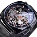 Montre squelette automatique Forsining pour hommes avec bracelet à maille noire - Style Boîtier Noir Aiguilles Or Rose (W1076-10)