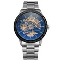 Close-up detail of the golden mechanical movement and blue dial of T-WINNER watch - Silver Steel Band Blue Skeleton Dial (115)