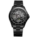 Close-up of T-WINNER black skeleton automatic mechanical watch with a metal strap - Black Steel Case Black Steel Band Black Skeleton (666)