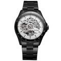 T-Winner automatic mechanical watch with skeleton dial and black stainless steel band - Black Steel Band White Skeleton Dial (777)