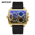 Montre de sport carrée Sanda 6032 avec affichage numérique et bracelet en silicone noir - Silicone Noir Or