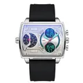 Montre de sport multifonction carrée argentée moderne avec bracelet en silicone noir - Silicone Noir Argent