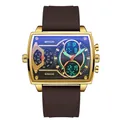 Luxuriöse goldene quadratische Digitaluhr mit braunem Silikonarmband und Multi-Time-Zonen - Silikon Kaffee Gold